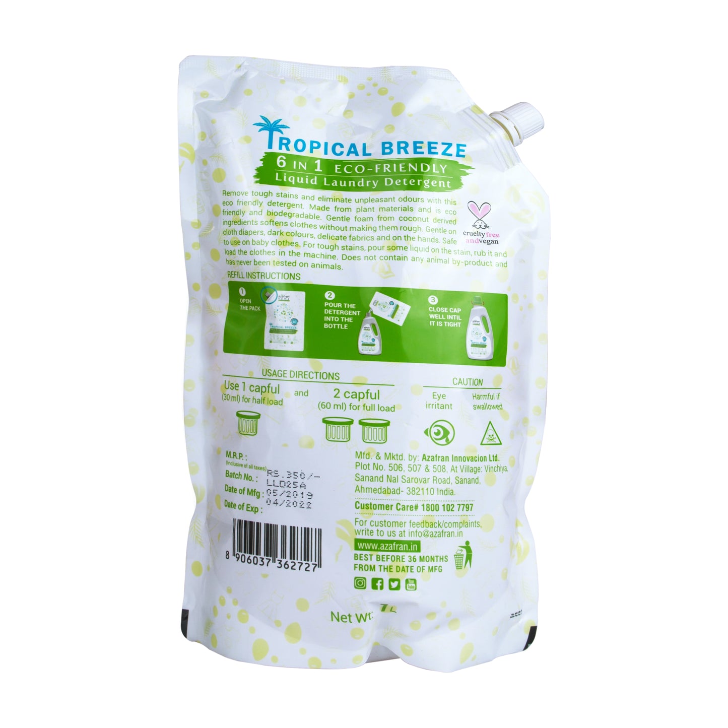 Tropical Breeze 6 in 1 Plant Based Liquid Laundry Detergent Refill Pack 1L